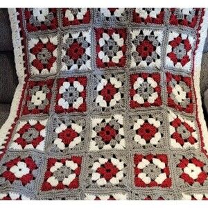 Afghan Crochet Unisex Baby Blanket White Gray Burgundy Square Nursery Throw VTG